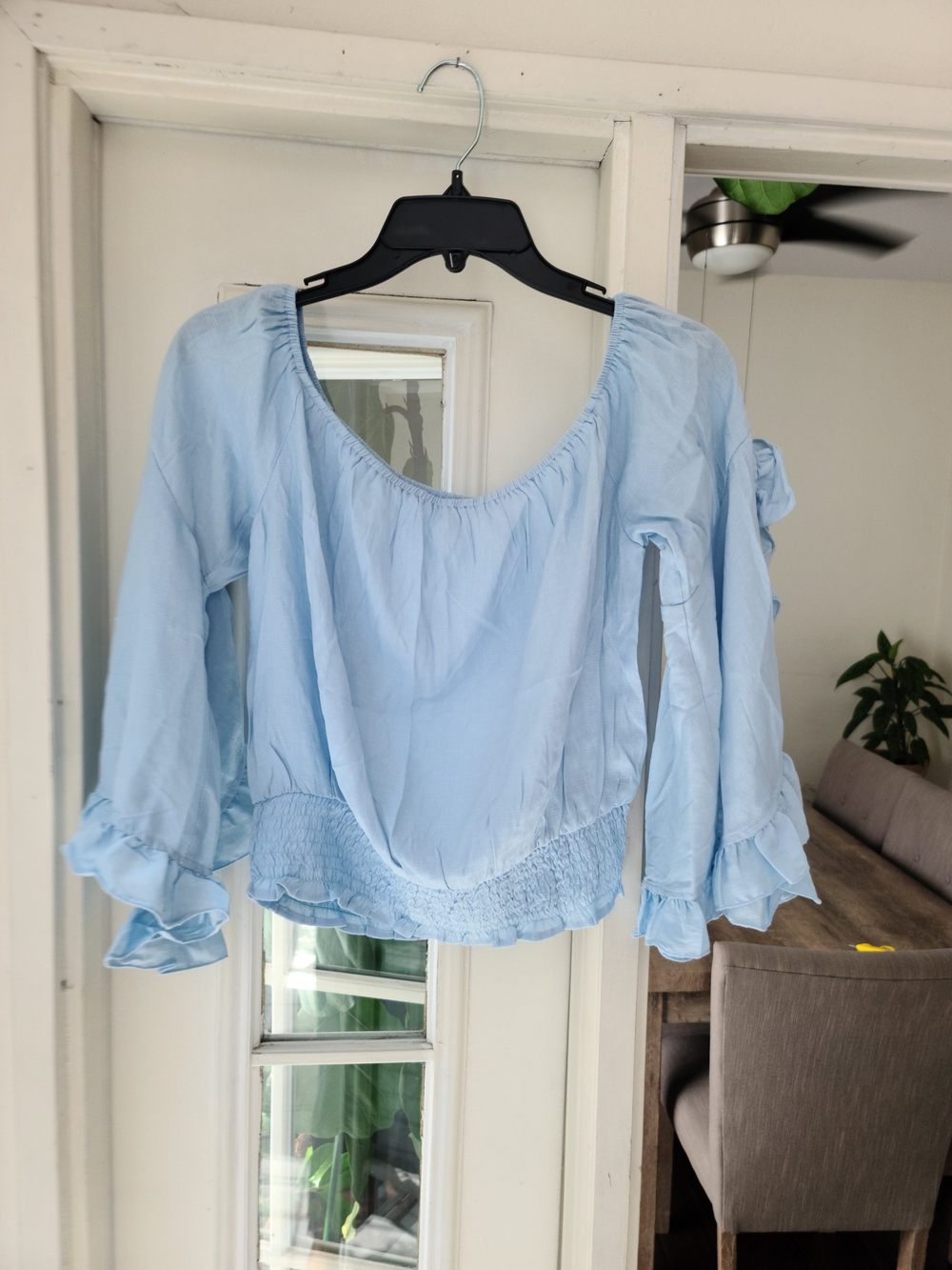 FAVLUX Light Blue Off-Shoulder Peasant Blouse